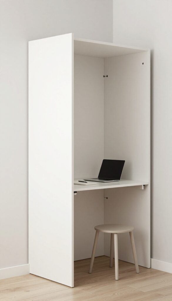Open IKEA Besta cabinet revealing a hidden home office nook with a drop-leaf desk and laptop