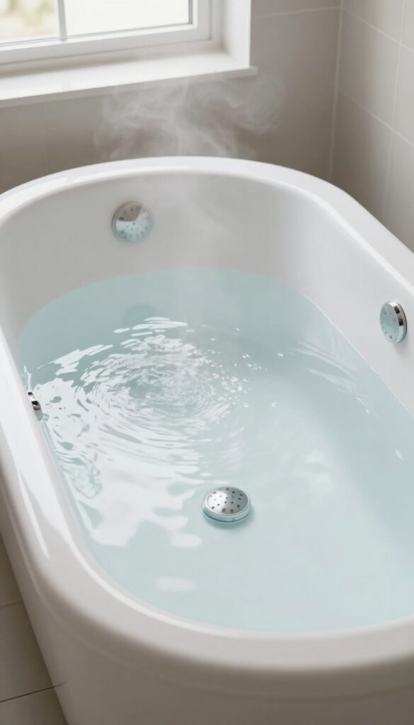 Filling a jetted tub with hot water for cleaning, steam rising, bright natural light
