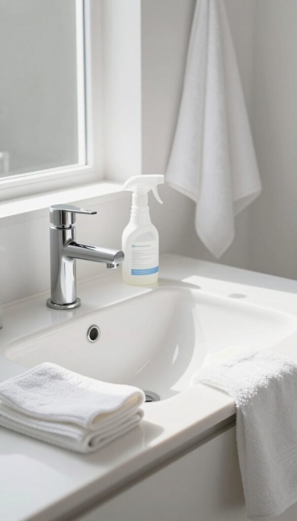 Clean bathroom sink with daily cleaning tools on counter