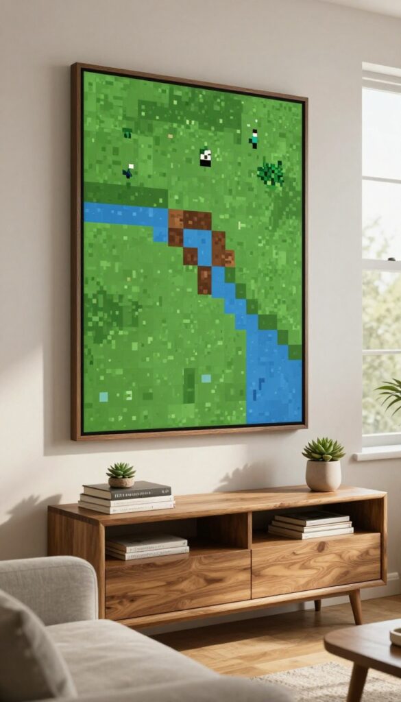 Cozy living room with a large framed Minecraft map canvas art on the wall, above a console table with a succulent and books, soft natural light, warm wood tones.