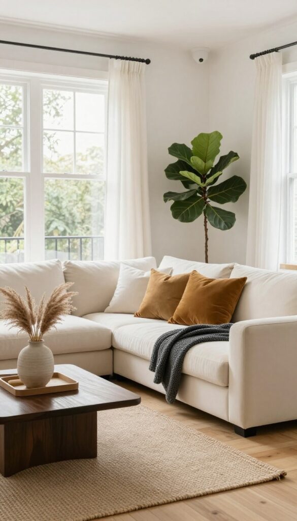 Light and airy living room with a creamy off-white sofa, textured throw pillows, dark wood coffee table, jute rug, and natural greenery in soft sunlight.