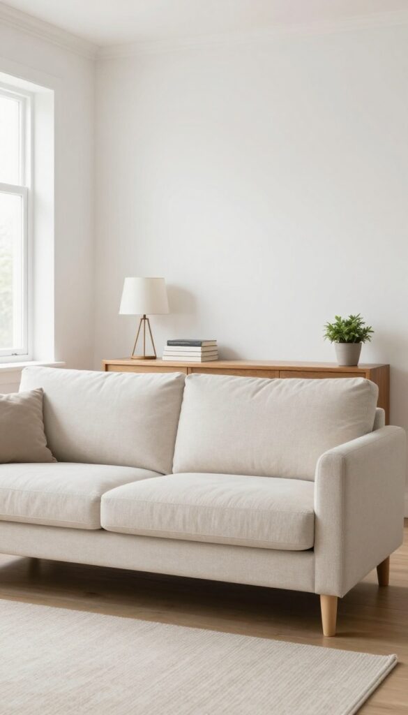 Slim console table behind sofa in small living room with lamp, books, and plant