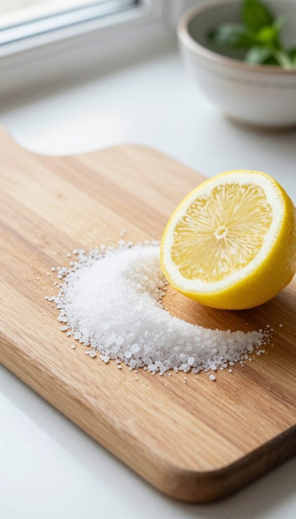 Wooden cutting board with coarse salt and a halved lemon for cleaning