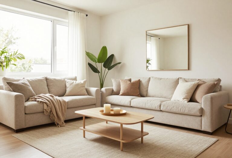 Cozy neutral living room with layered throws, mirror, plants, and coffee table tray