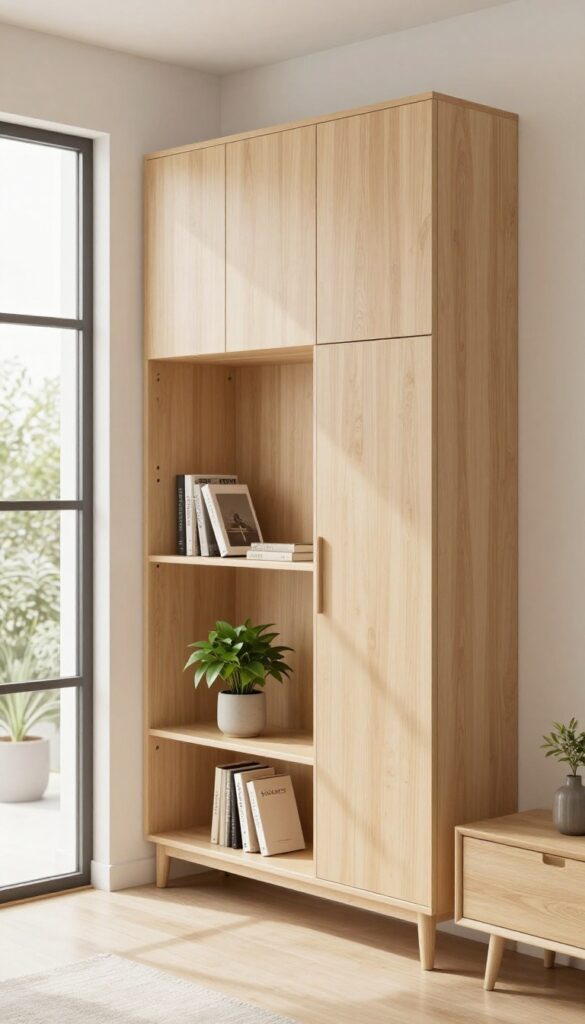 Wall unit with hidden TV compartment in a small living room, cabinet closed, shelves with books and plant, natural light.