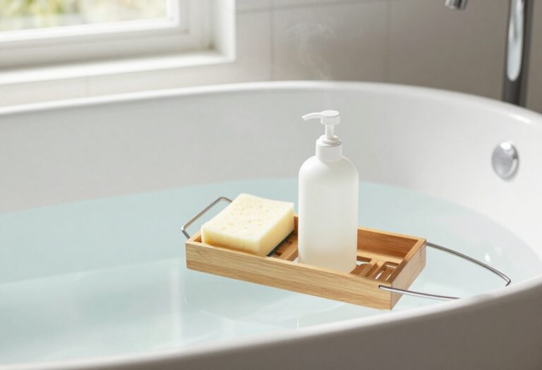 Clean white bathtub with wooden caddy and cleaning supplies in soft natural light