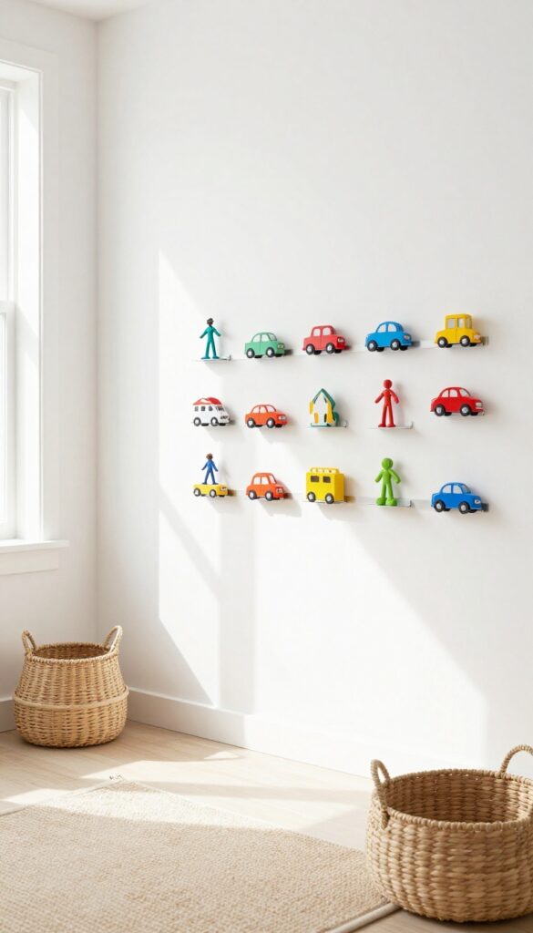 Magnetic wall strip holding small metal toys in a bright, tidy living room play area