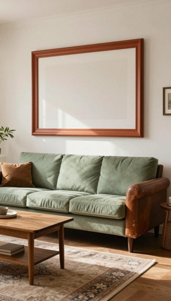 Cozy living room with picture frame moulding in muted terracotta, sage green sofa, and vintage decor