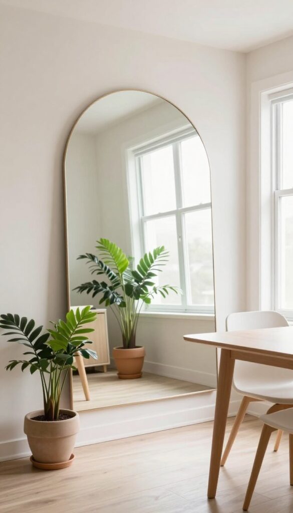 A bright small living and dining room with a large frameless mirror reflecting natural light and a plant, creating an airy, polished look.
