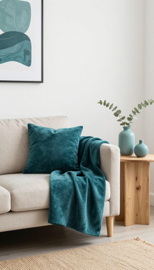Neutral small living room with teal accent accessories on beige sofa and side table