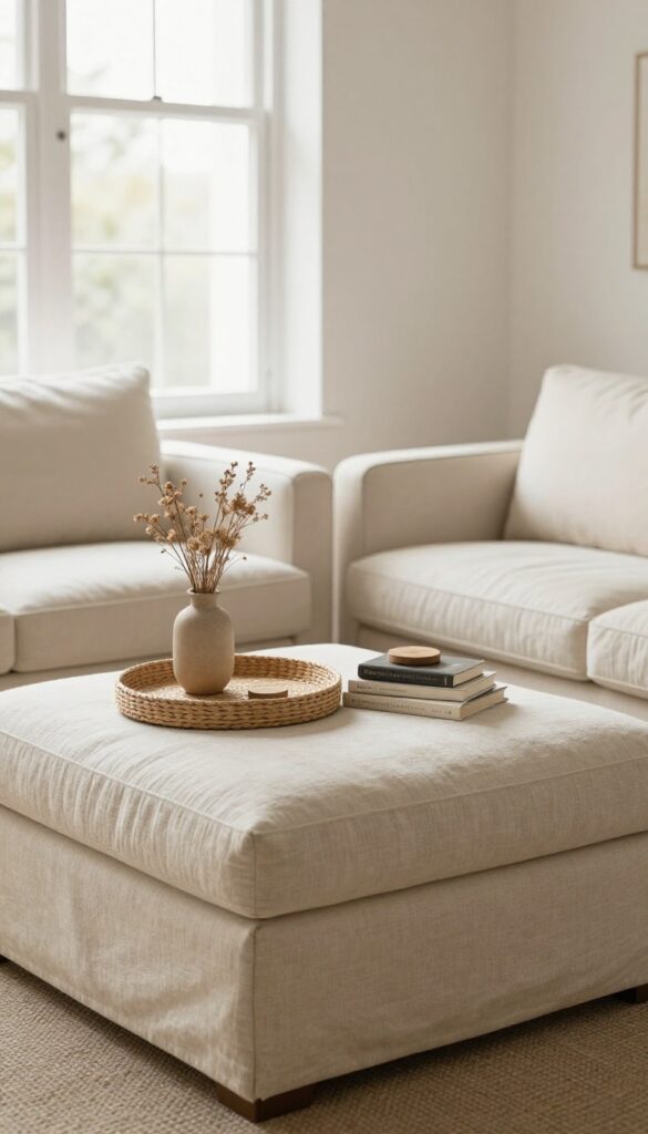 Living room with a large linen ottoman as a coffee table, topped with a tray and decor, in a bright and airy setting.