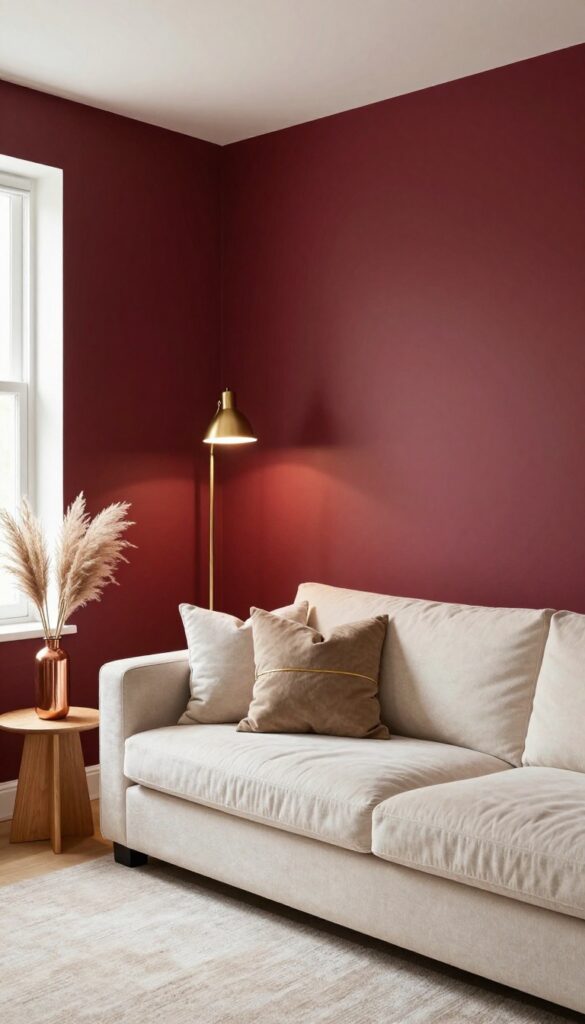 Small living room with a rich plum feature wall behind a light sofa, brass lamp, and copper accents, bright natural light.