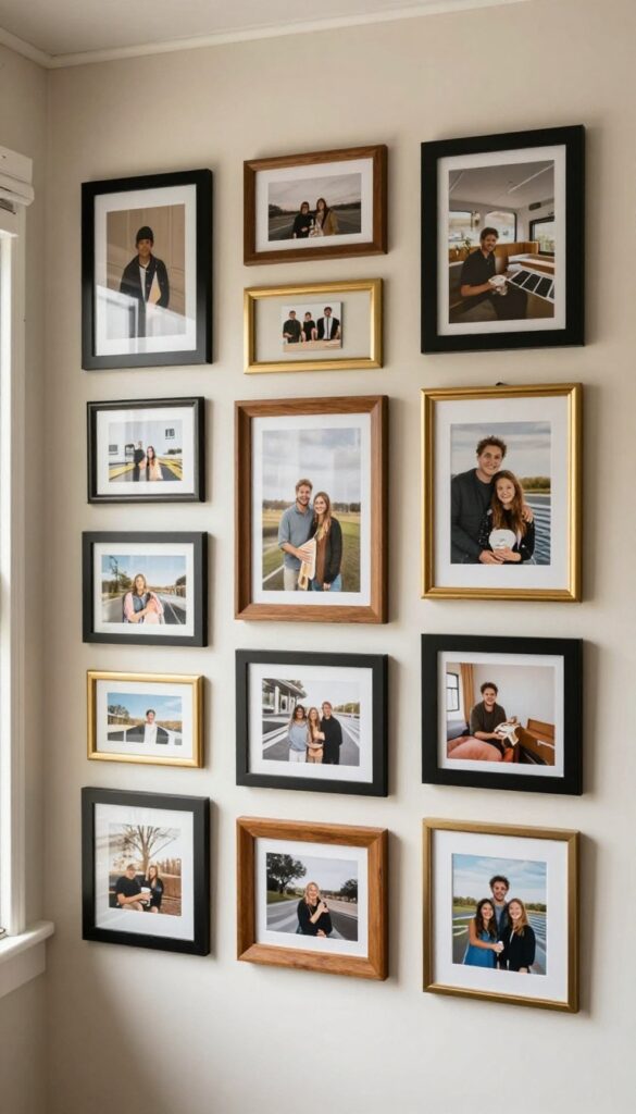 A gallery wall in a trailer living room with mixed thrifted frames, personal photos, and fabric scraps in bright natural light.