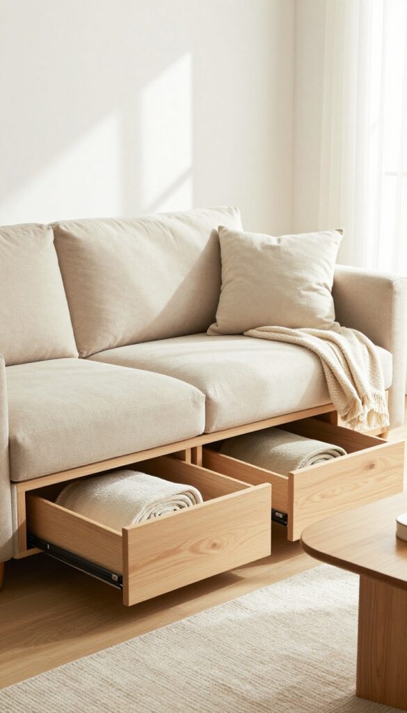 Sleeper sofa with under-seat drawers open showing neatly stored blankets and pillows in a bright living room