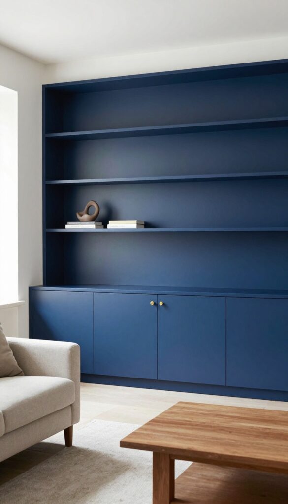 Small living room with a navy blue color-blocked wall unit featuring open shelves and closed cabinets, brass hardware, natural light, and minimal decor.