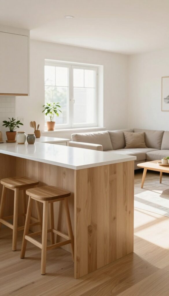 Small open-plan living room and kitchen with a counter-height peninsula separating the spaces, bright natural light, clean and airy decor.