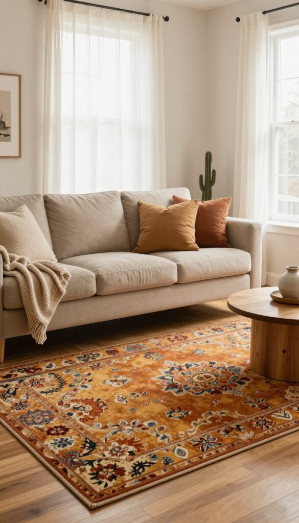 Warm living room with colorful floral area rug anchoring neutral sofa and cozy decor