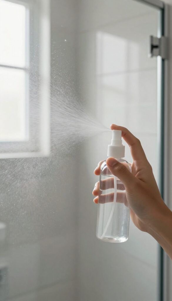 Person spraying a glass shower door with a clear mist from a spray bottle, resulting in a streak-free shine.