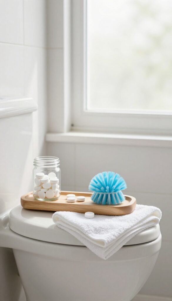 Clean bathroom with toilet, vinegar tablets, and cleaning brush in natural light