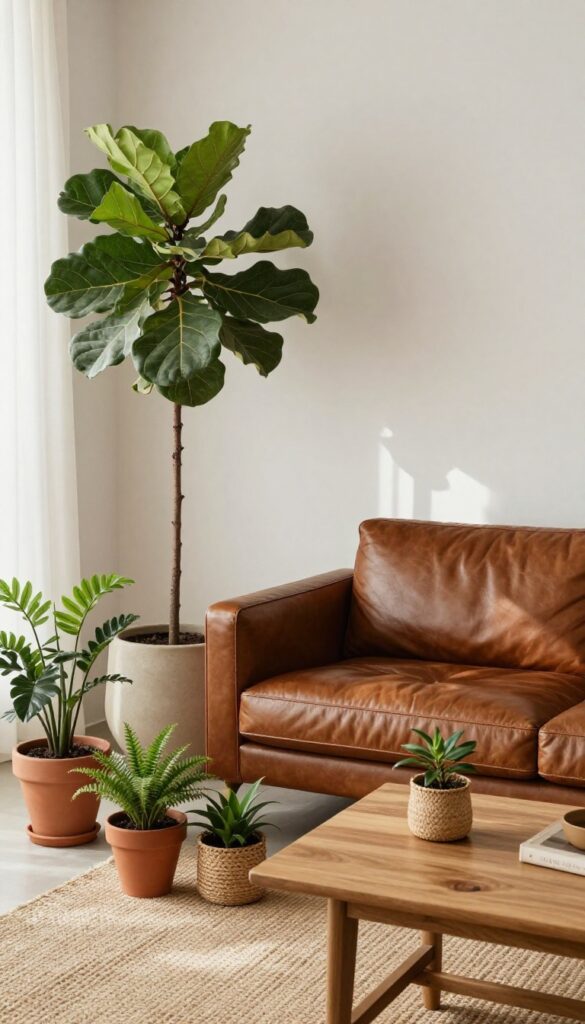 Leather sofa with greenery and plants in a bright living room
