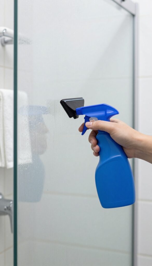 Close-up of a glass shower door being cleaned with a spray bottle and squeegee, showing a streak-free finish in bright natural light.