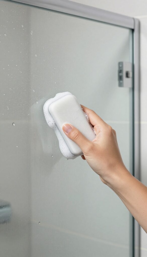 Hand holding a damp white melamine foam eraser cleaning soap scum off a glass shower door