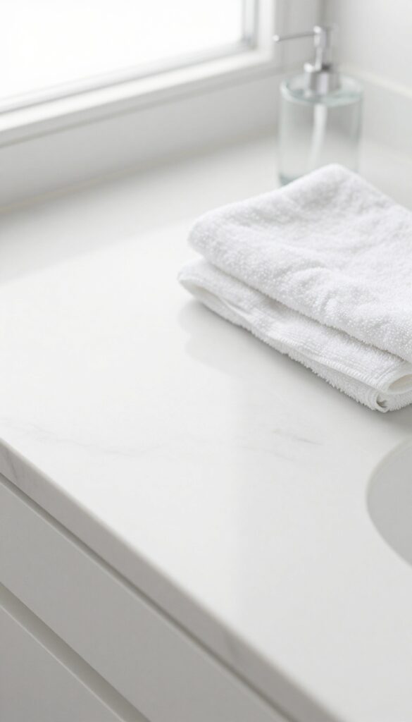 Clean bathroom countertop with no clutter, minimalist decor, bright natural light
