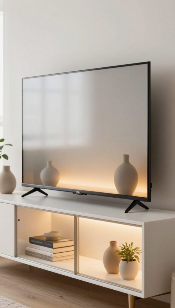 TV unit with integrated lighting and glass doors, frosted glass cabinets, warm LED glow, neat decor, modern living room