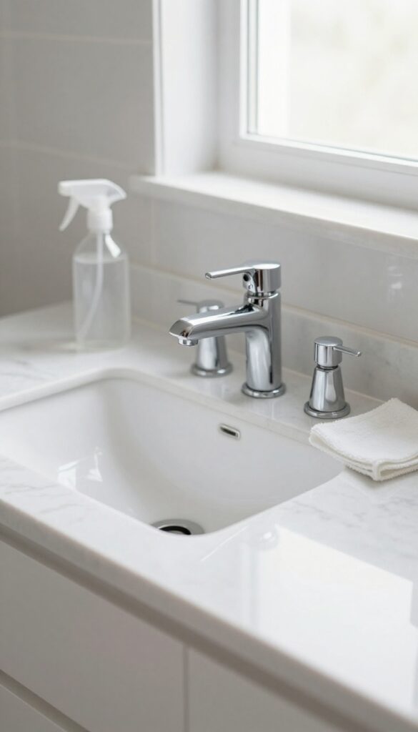 Clean marble bathroom vanity with quartz countertop, chrome faucet, and cleaning supplies in natural light.