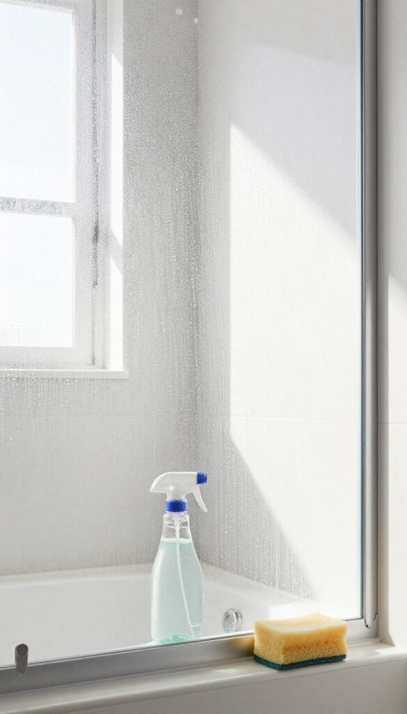 DIY white vinegar and dish soap spray cleaning soap scum from a glass shower door