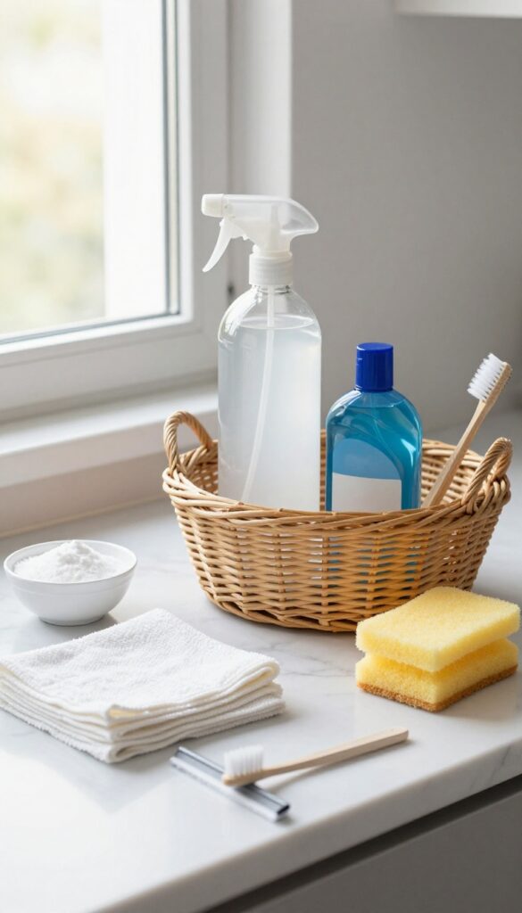 Cleaning supplies arranged on a marble countertop including vinegar, baking soda, dish soap, squeegee, microfiber cloths, sponge, and toothbrush.
