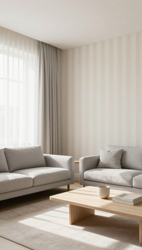 Living room with vertical stripe wallpaper to lift low ceilings, featuring soft beige and cream stripes, minimalist furniture, and sheer curtains.