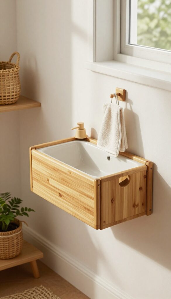 Fold-down wall-mounted basin in a small living room with bamboo and ceramic materials, natural light, and cozy decor.