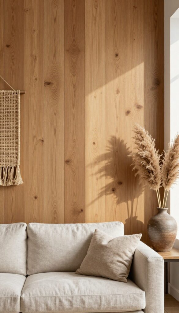 Cozy living room with natural wood paneling accent wall, linen sofa, and woven decor in warm natural light.
