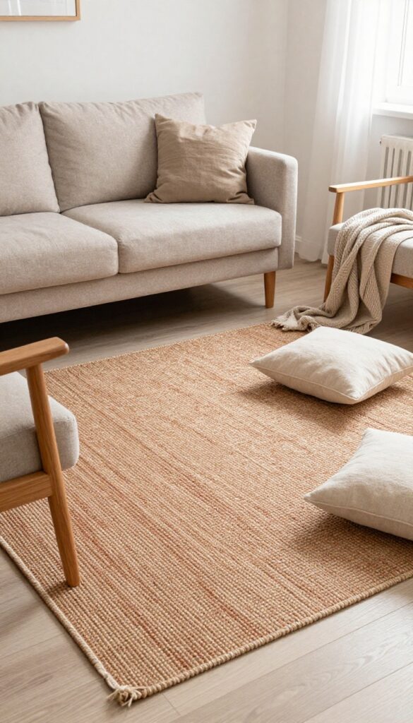 Cozy living room with terracotta STOCKHOLM rug anchoring seating area, layered with jute rug, natural light, warm textures.