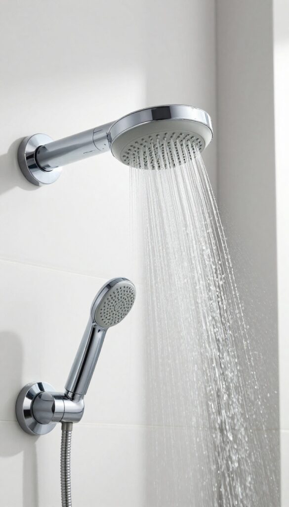 Shower head with water running at full blast to flush out debris, bright natural light, clean bathroom tiles background.