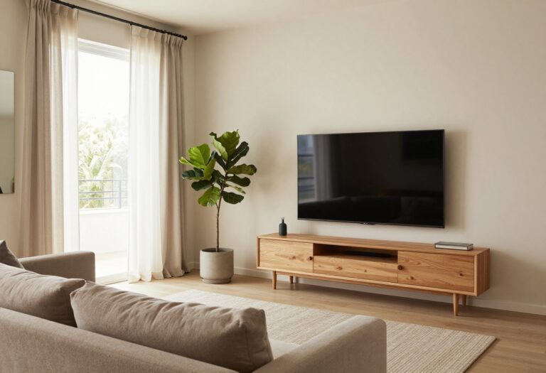 Cozy living room with TV mounted above a wooden console, surrounded by a plant, mirror, and sheer curtains.