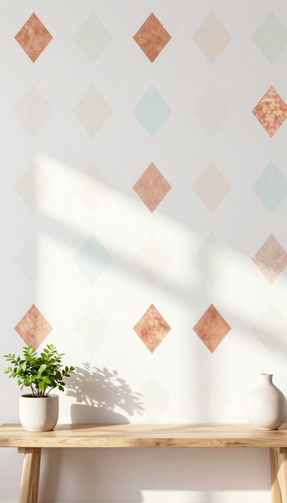 Geometric washi tape art on a living room wall with pastel and metallic colors, soft natural light, and a simple console table below.