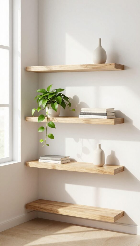 Floating shelves in a corner of a small living room with a plant, vase, and books, warm and airy style