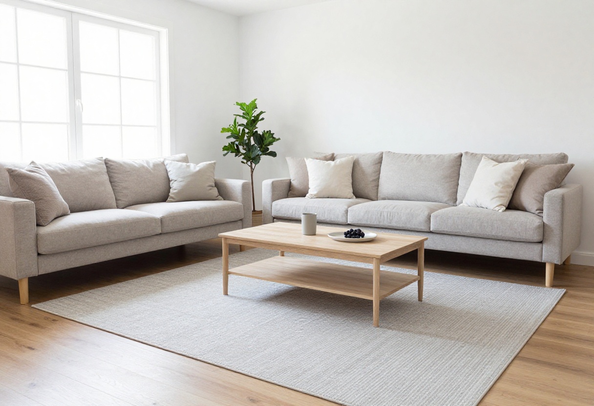 Small living room with a large light gray rug under a sofa and coffee table, creating a defined seating area.