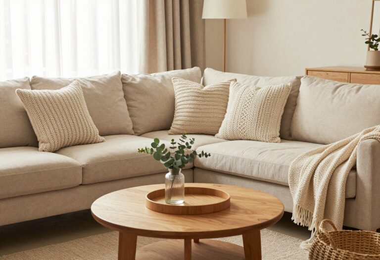 Cozy small living room with beige sofa, round coffee table, and warm lighting