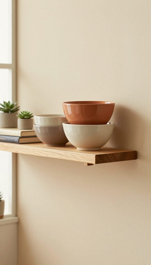 Stacked ceramic bowls in earthy tones on a floating shelf with books and a small plant, styled as sculptural art.