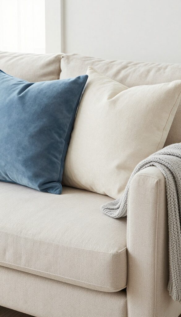 Close-up of a beige linen sofa with textured throw pillows and a chunky knit blanket in a bright, airy living room.