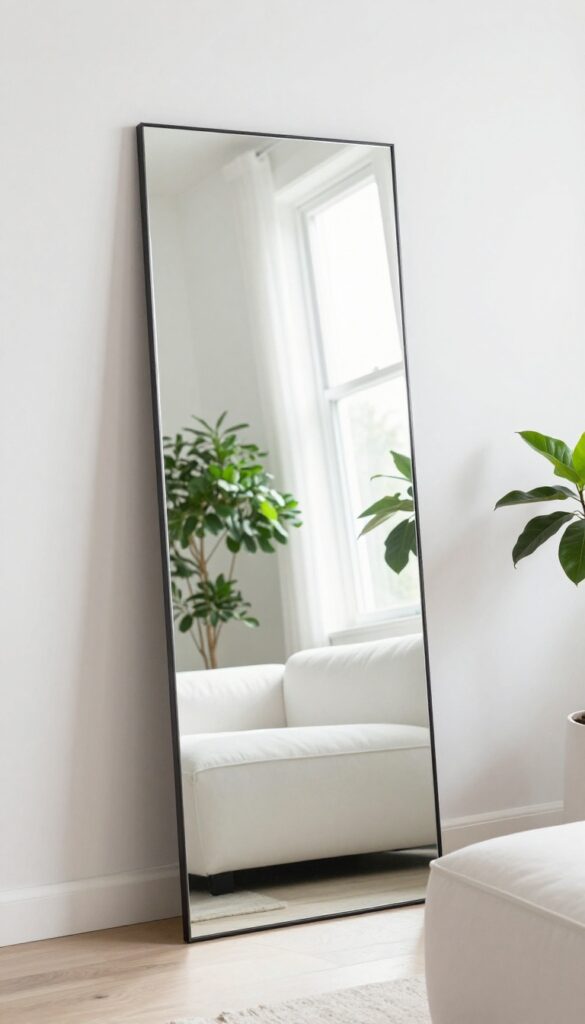 Large frameless mirror leaning against wall in bright modern living room reflecting window and plant