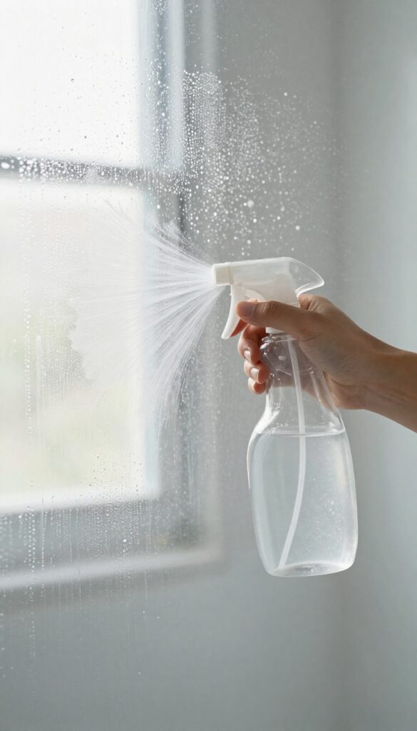 White vinegar and dish soap spray cleaning a glass shower door, removing soap scum and hard water stains for a streak-free shine.
