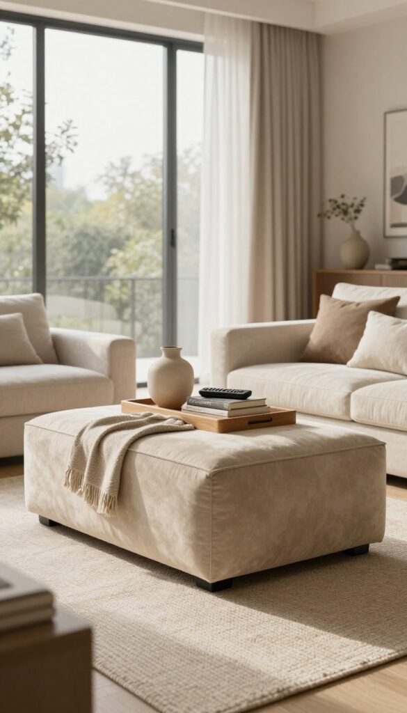 Plush beige velvet storage ottoman used as coffee table in bright, cozy living room with tray and decor