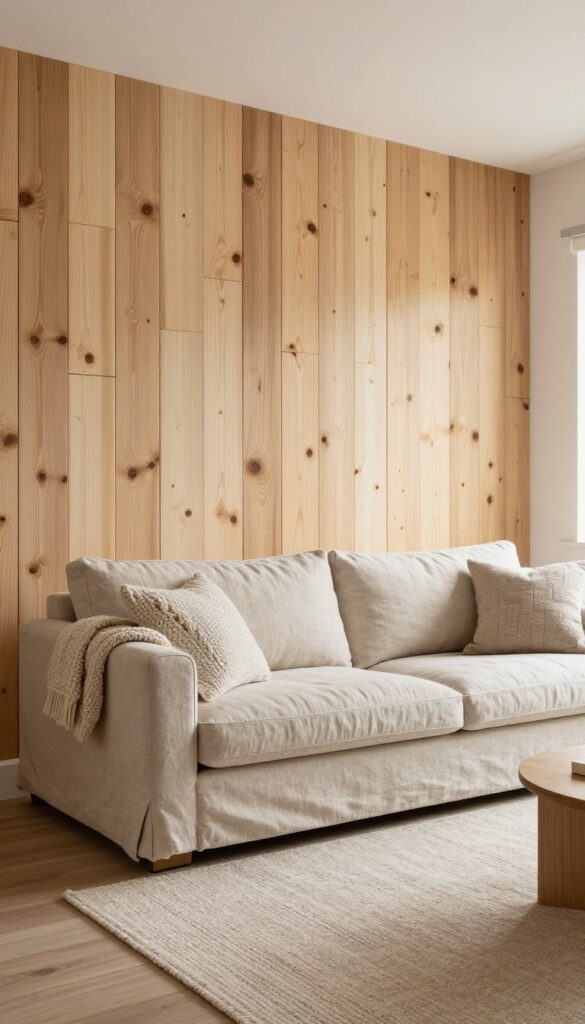 Cozy living room with rustic whitewashed shiplap accent wall behind linen sofa