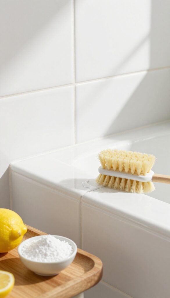 Lemon juice and Borax paste on tile shower wall with cleaning brush