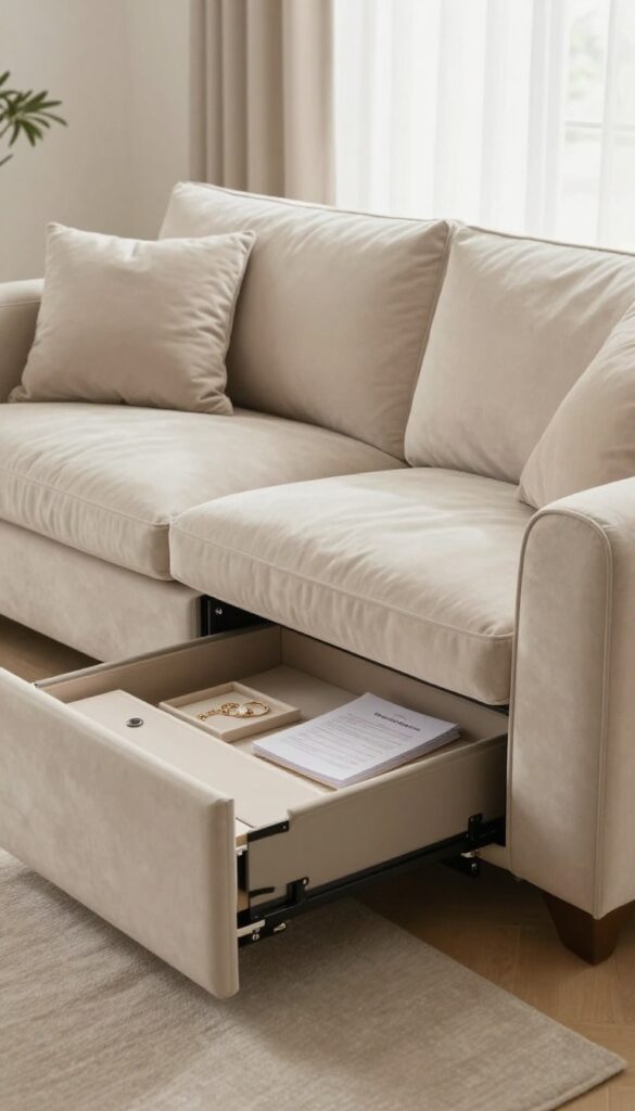 Elegant beige velvet sofa with lift-up seat cushion revealing hidden safe compartment, jewelry and documents inside, in bright living room with natural light and throw pillows.