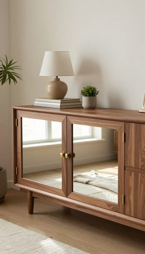 A walnut sideboard with mirrored panels styled with a lamp, books, and a plant in a bright cozy living room.